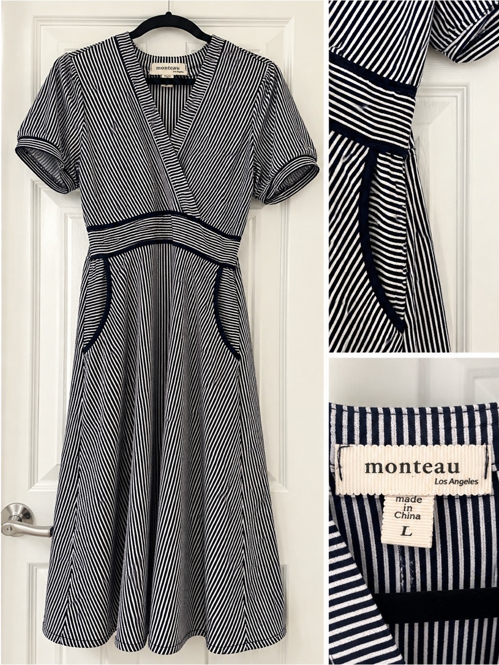 Monteau Los Angeles Striped Midi Dress Size Large | Puff Sleeve V-Neck